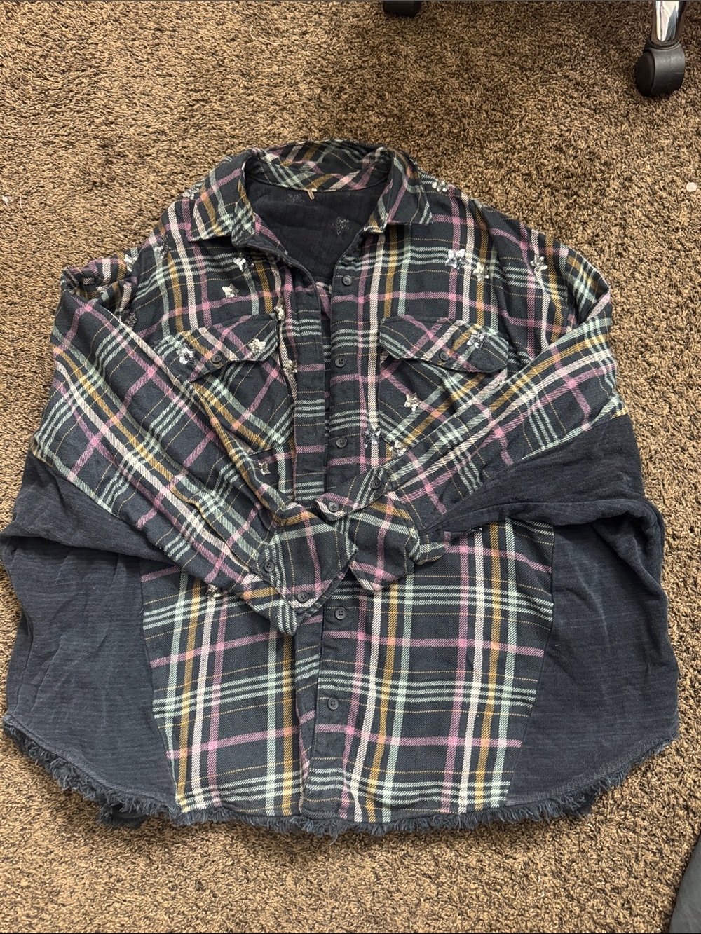 Free People Black Plaid Shacket with Pink & Yellow Accents